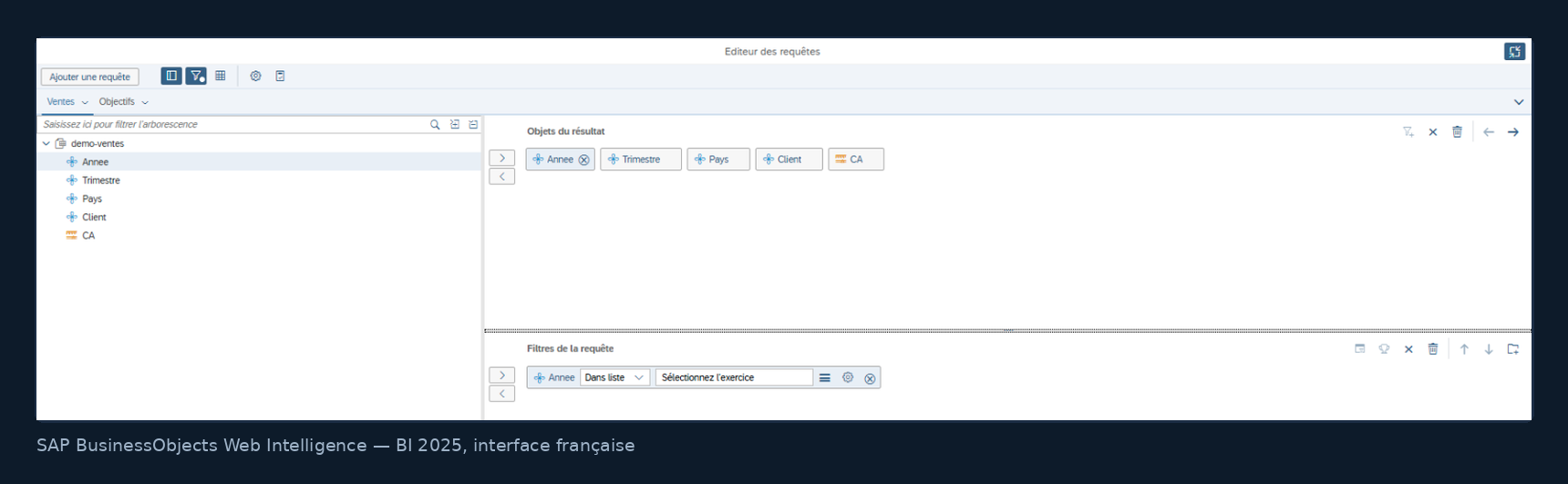 Éditeur de requêtes Web Intelligence avec un filtre de requête sur l'année alimenté par une invite