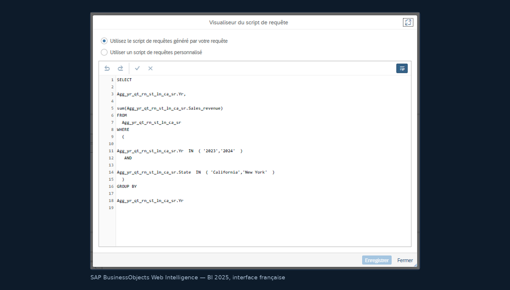 Visualiseur du script de requête de BI 2025 : le SQL généré, avec la clause WHERE issue des deux filtres de requête et un GROUP BY