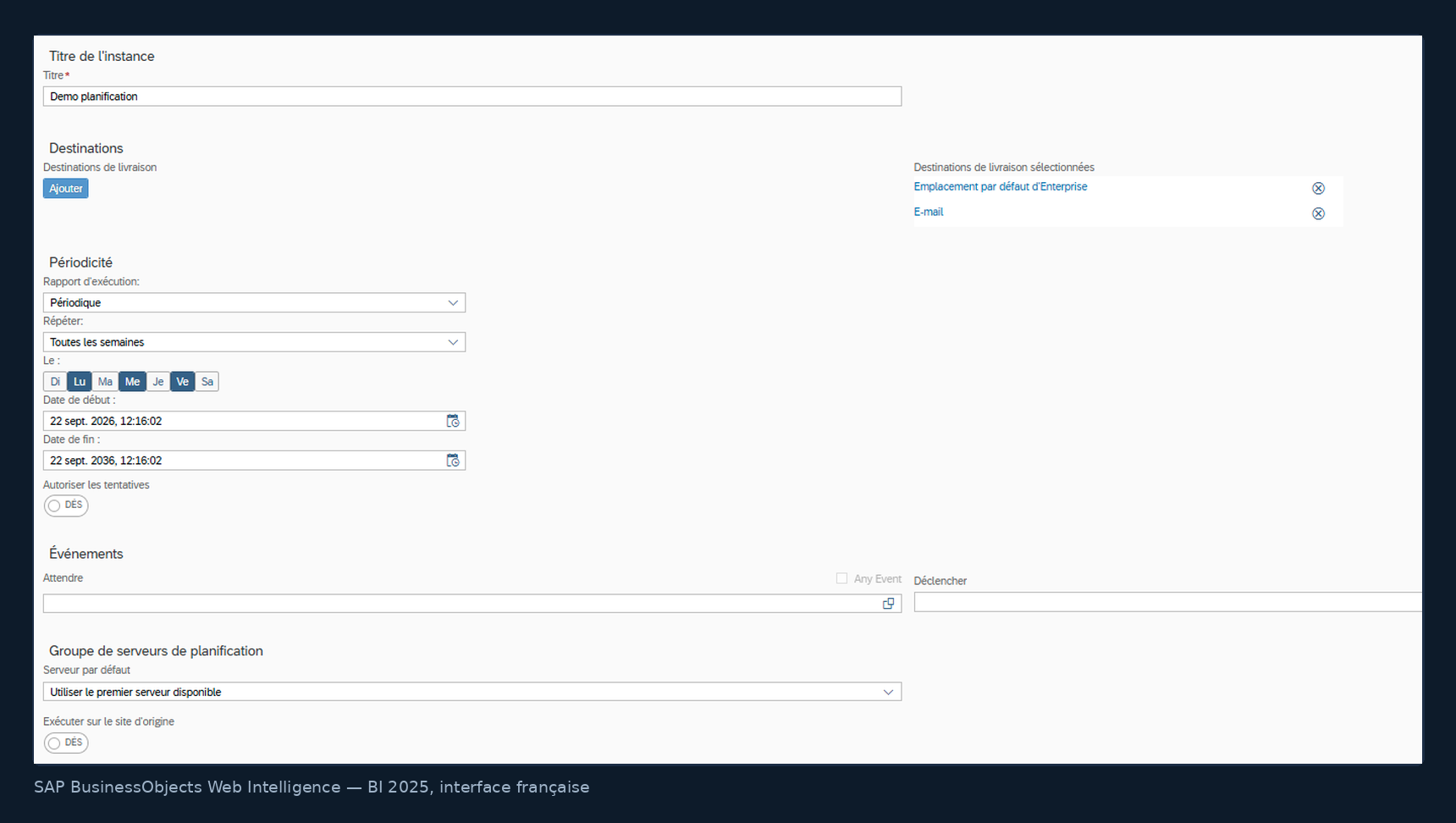 Page Planifier de SAP BusinessObjects BI 2025 : titre de l'instance, destinations et périodicité sur une seule page