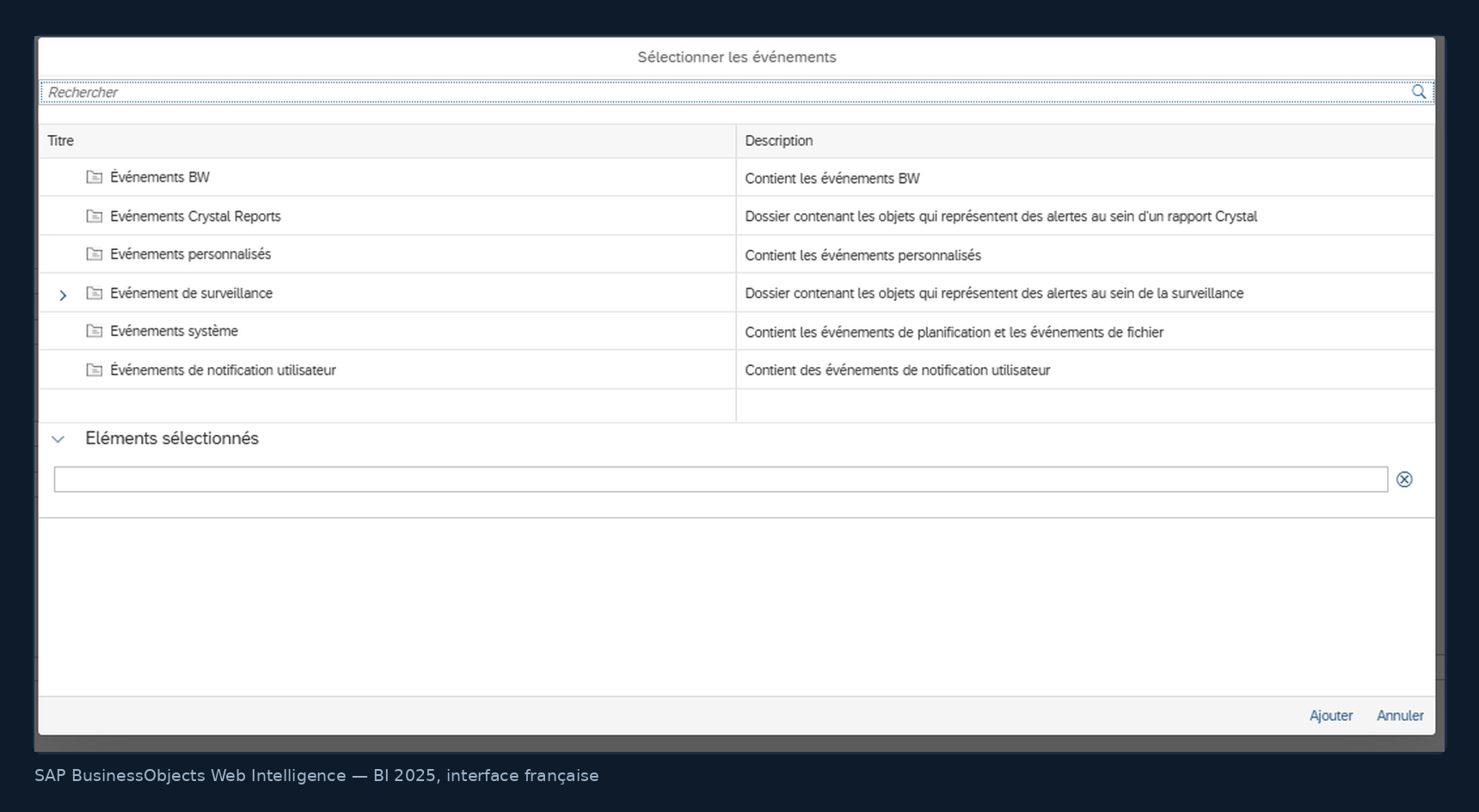 Sélection d'un événement de planification dans BI 2025 : événements système, personnalisés, de fichier
